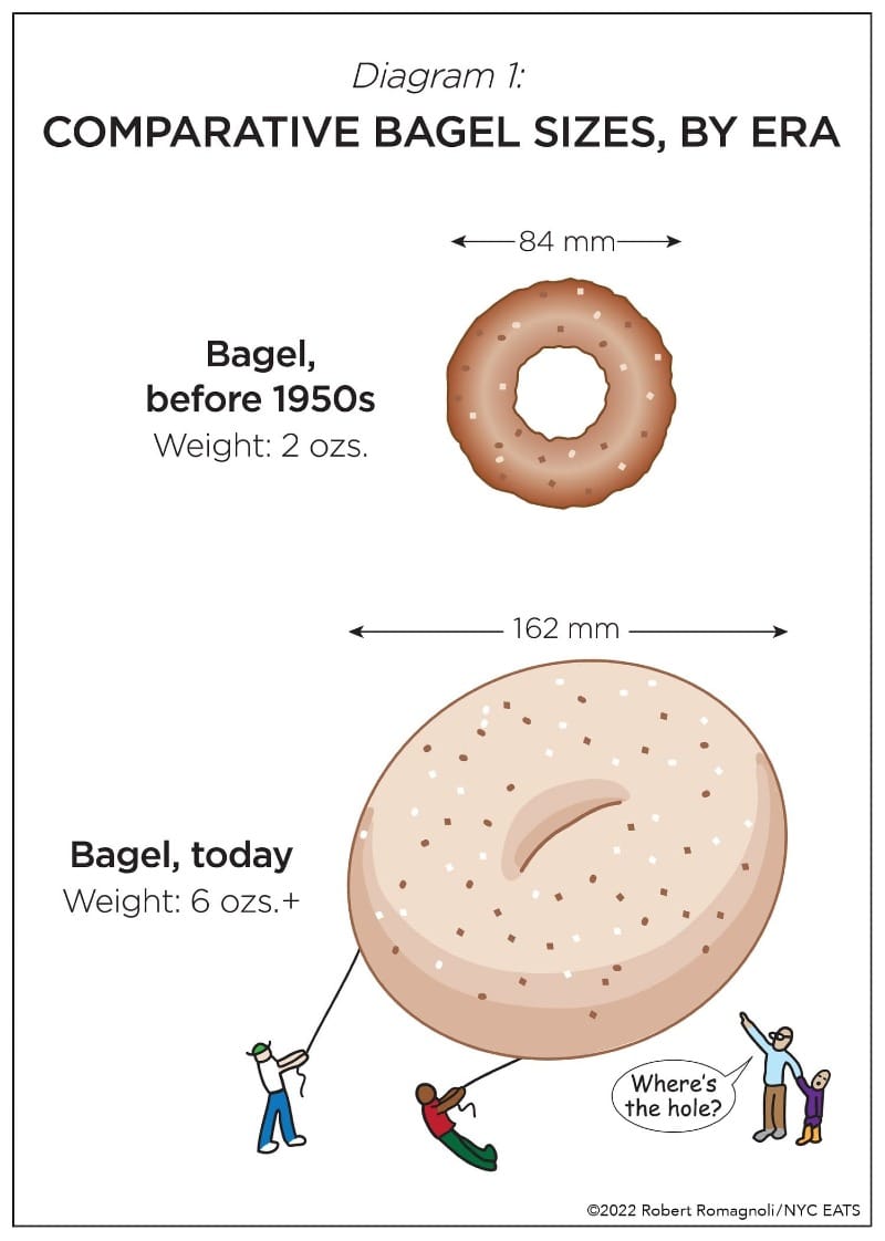 Image of different 2 different bagels, one from the 50s, which is much smaller, than one from today.