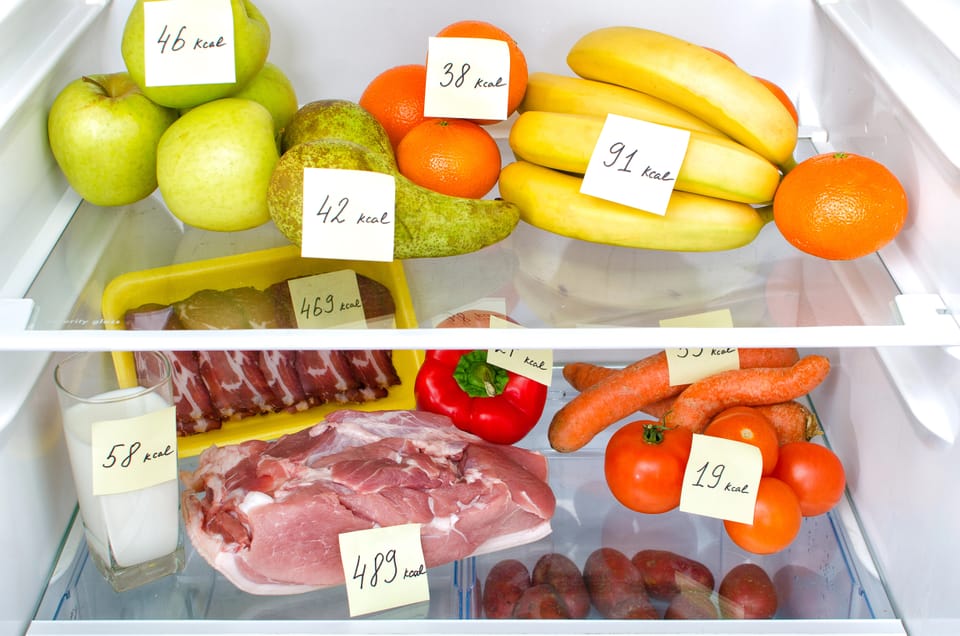 Image of different fruits, vegetables, meats, and dairy with notes indicating the calories for each.